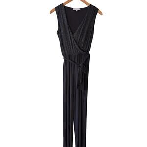 Annalee + Hope Black Glitter Wrap Bodice Sleeveless Jumpsuit Made USA S
